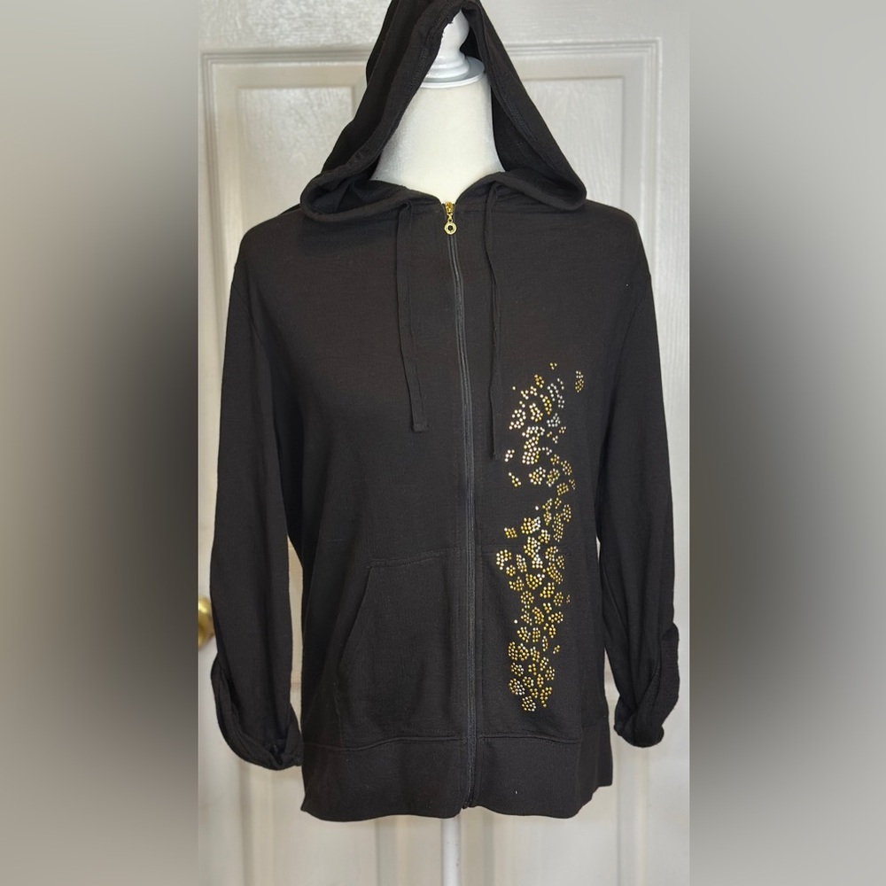 Sportelle Sweatshirt Lightweight Hoodie Black Gold Embellished Zip Up Size Large